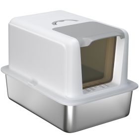 2 in 1 Stainless Steel Cat Litter Box with Removable Lid, Scoop, Filter Bags, for Small to Large Cats, White
