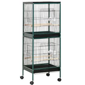 55" 2 In 1 Large Bird Cage Parakeet House for Finches Budgies with Wheels Slide-out Trays Wood Perch Food Containers Green