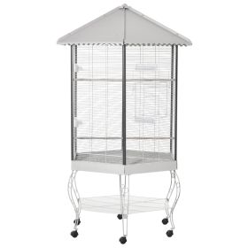 77" Flight Bird Cage Hexagon Covered Canopy, Portable Bird Aviary With Storage, Gray and White