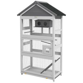 Elegant Wooden Bird Aviary with Slide-Out Tray Ladder Perches for Finches Parakeets Cozy Gray