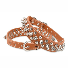 Spiked Studded Leather Dog Collar Rivets Pet Small Large Cat Pit Bull Adjustable (Color: brown, size: XS)