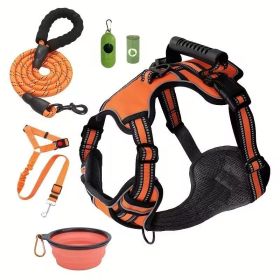 Tactical Service Dog Harness Strap Set, Car Seat Belt, Collapsible Bowl, Biodegradable Trash Bag Set For Dogs (Option: Orange-M)